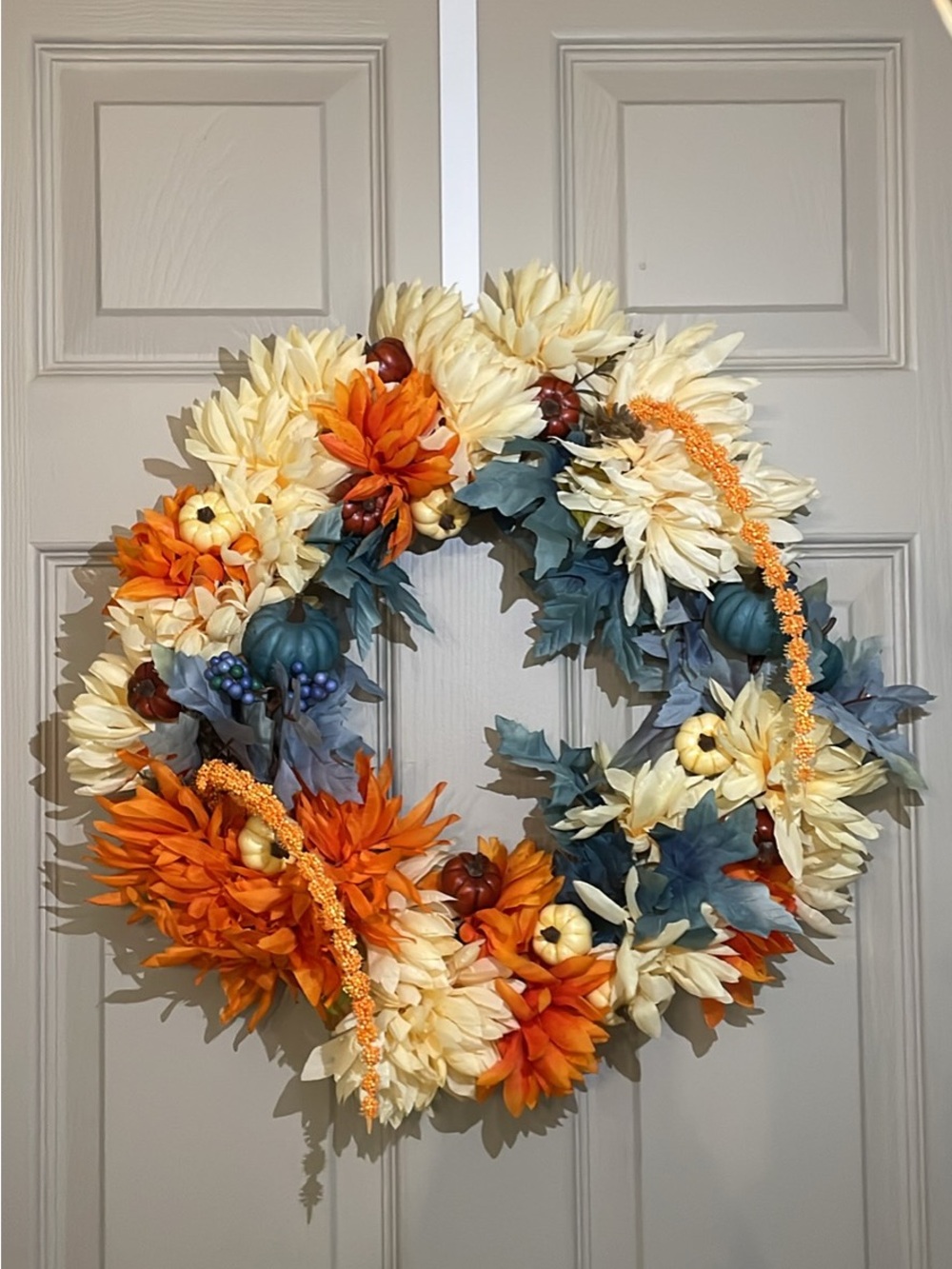 Hand Crafted Cream, Orange & Blue Autumn Wreath home decor , door wreath